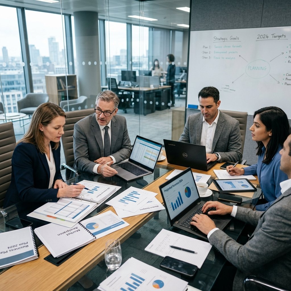 A quiet, professional business meeting taking place in a neutral, modern office setting.