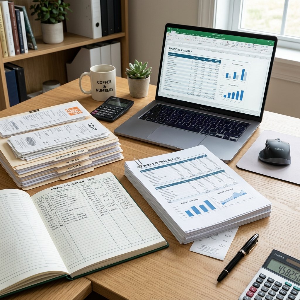 A professional reviewing organized financial documents, spreadsheets, and invoices in a well-lit office workspace.